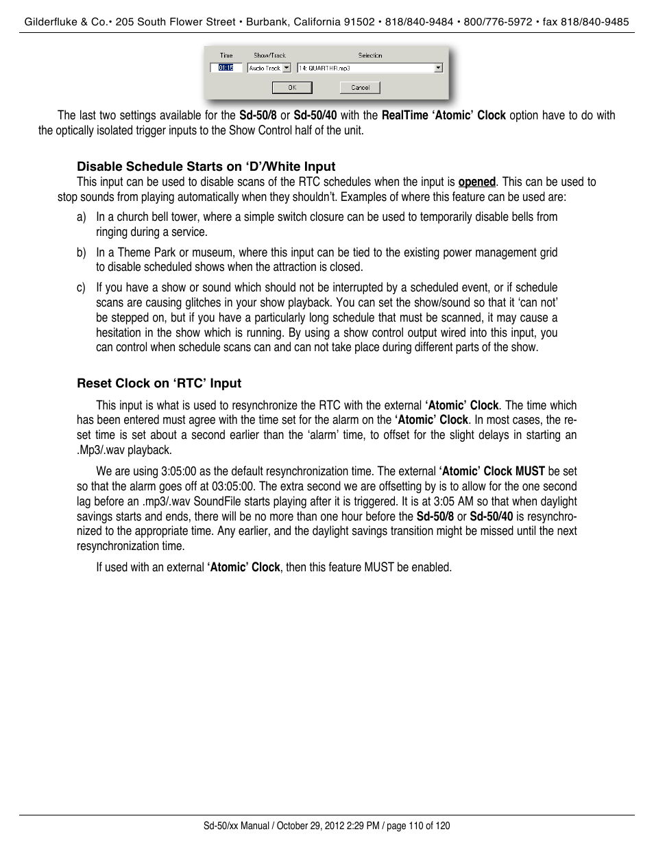 Disable schedule starts on ‘d’/white input, Reset clock on ‘rtc’ input | Gilderfluke&Co Sd-50 Audio & Show Controllers User Manual | Page 110 / 120