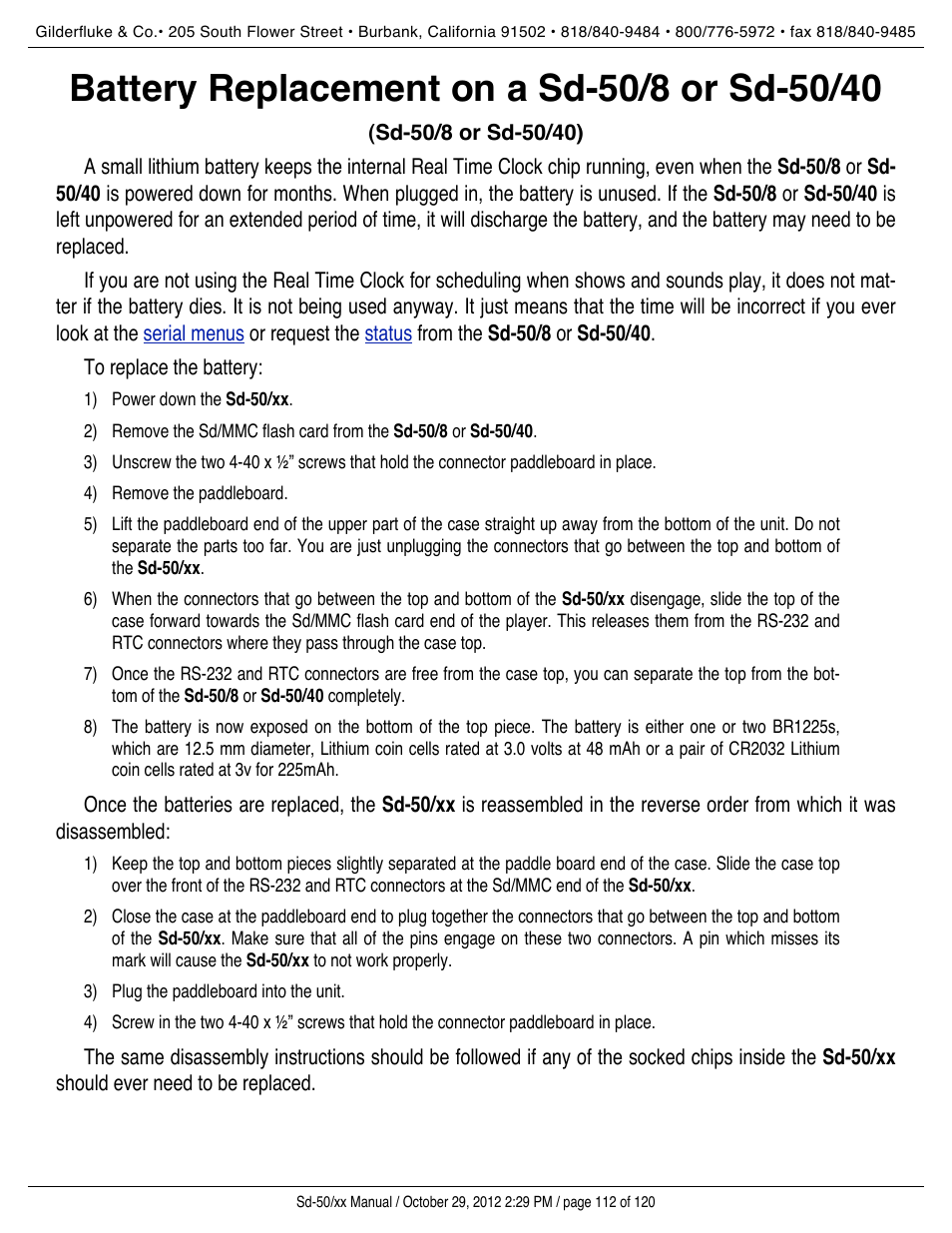 Battery replacement on a sd-50/8 or sd-50/40, Battery-backed | Gilderfluke&Co Sd-50 Audio & Show Controllers User Manual | Page 112 / 120