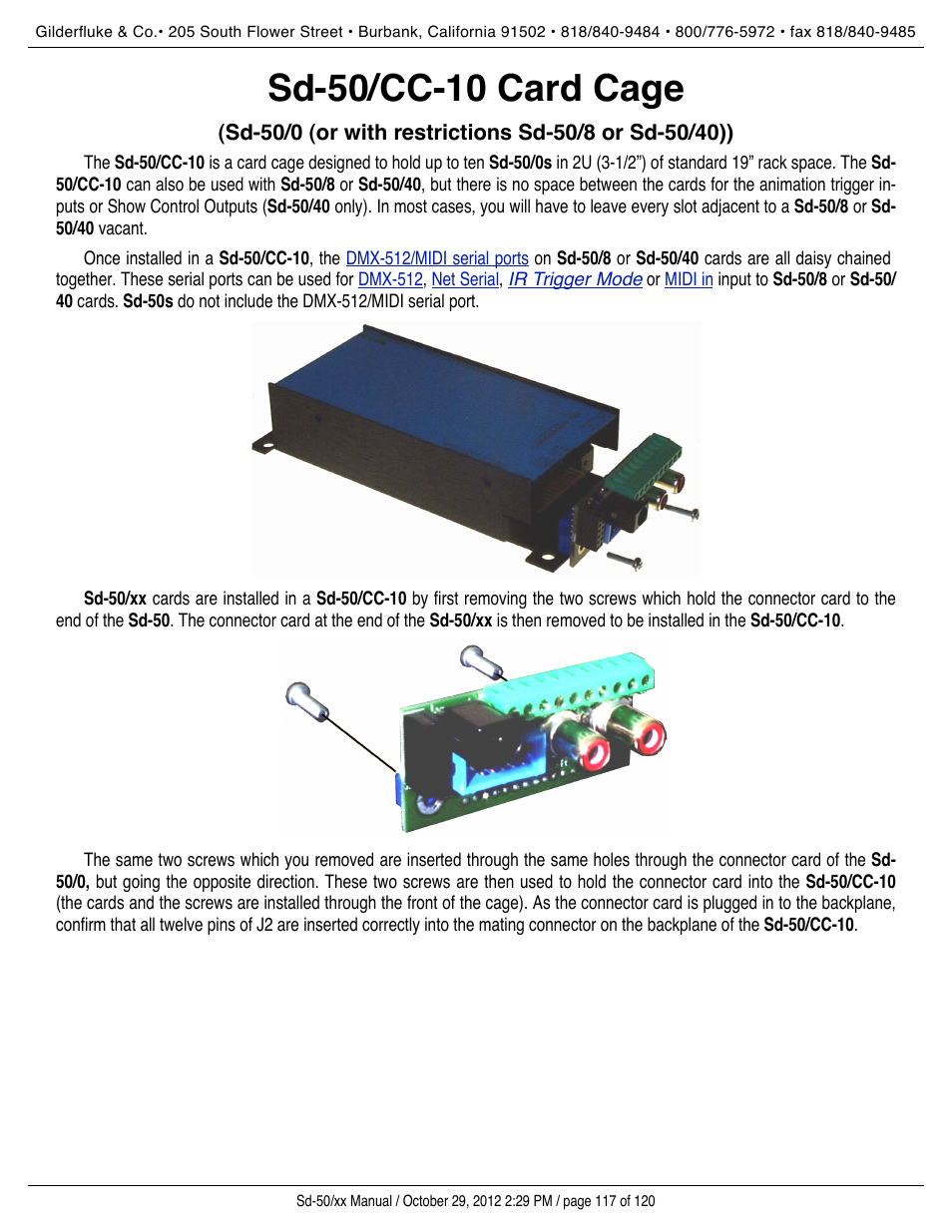 Sd-50/cc-10 card cage, Sd-50/cc10 cage | Gilderfluke&Co Sd-50 Audio & Show Controllers User Manual | Page 117 / 120