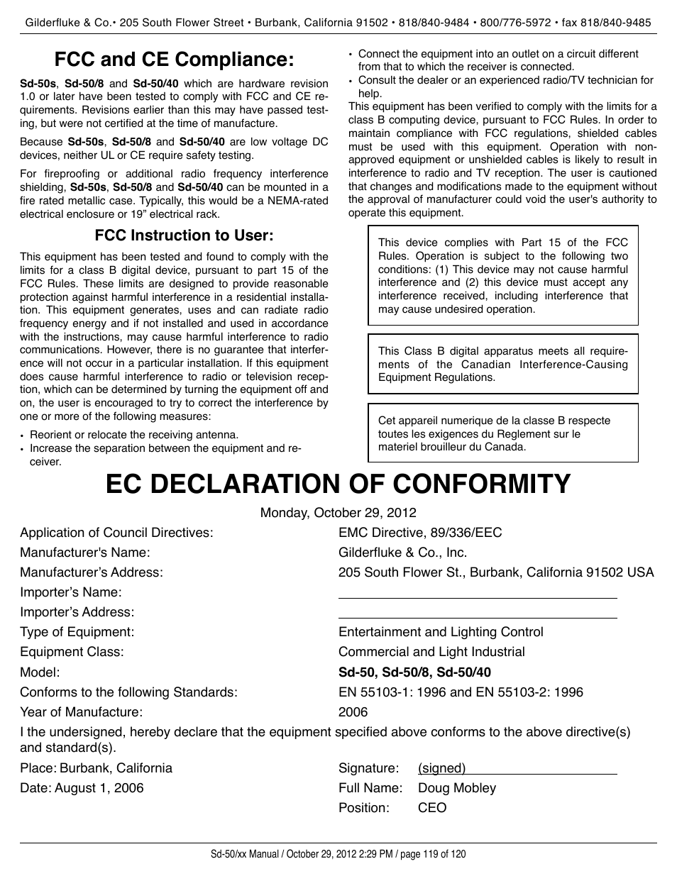 Fcc and ce compliance, Ec declaration of conformity | Gilderfluke&Co Sd-50 Audio & Show Controllers User Manual | Page 119 / 120