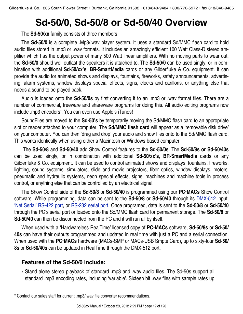 Sd-50/0, sd-50/8 or sd-50/40 overview, Features of the sd-50/0 include | Gilderfluke&Co Sd-50 Audio & Show Controllers User Manual | Page 12 / 120