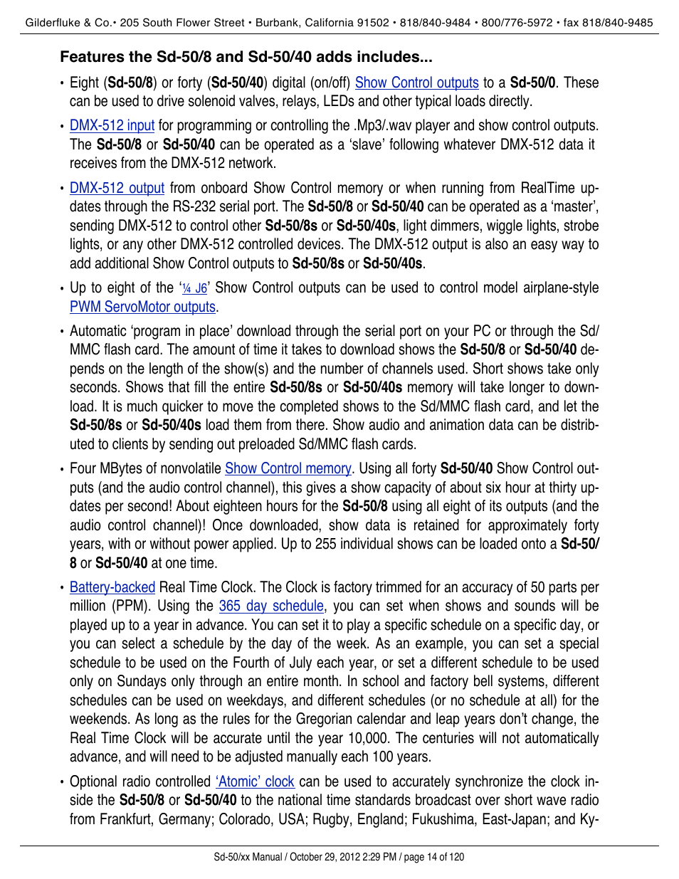 Features the sd-50/8 and sd-50/40 adds includes | Gilderfluke&Co Sd-50 Audio & Show Controllers User Manual | Page 14 / 120