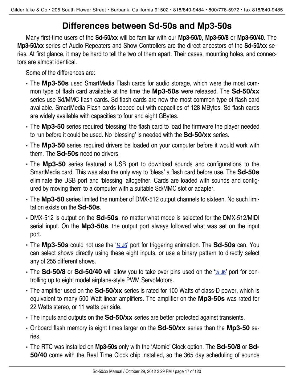 Differences between sd-50s and mp3-50s | Gilderfluke&Co Sd-50 Audio & Show Controllers User Manual | Page 17 / 120
