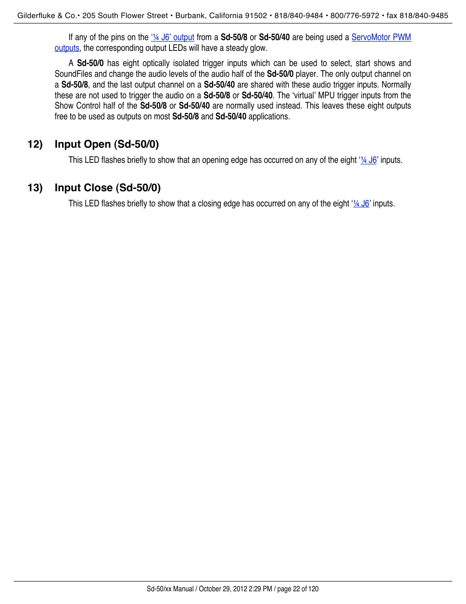 Input open (sd-50/0), Input close (sd-50/0) | Gilderfluke&Co Sd-50 Audio & Show Controllers User Manual | Page 22 / 120