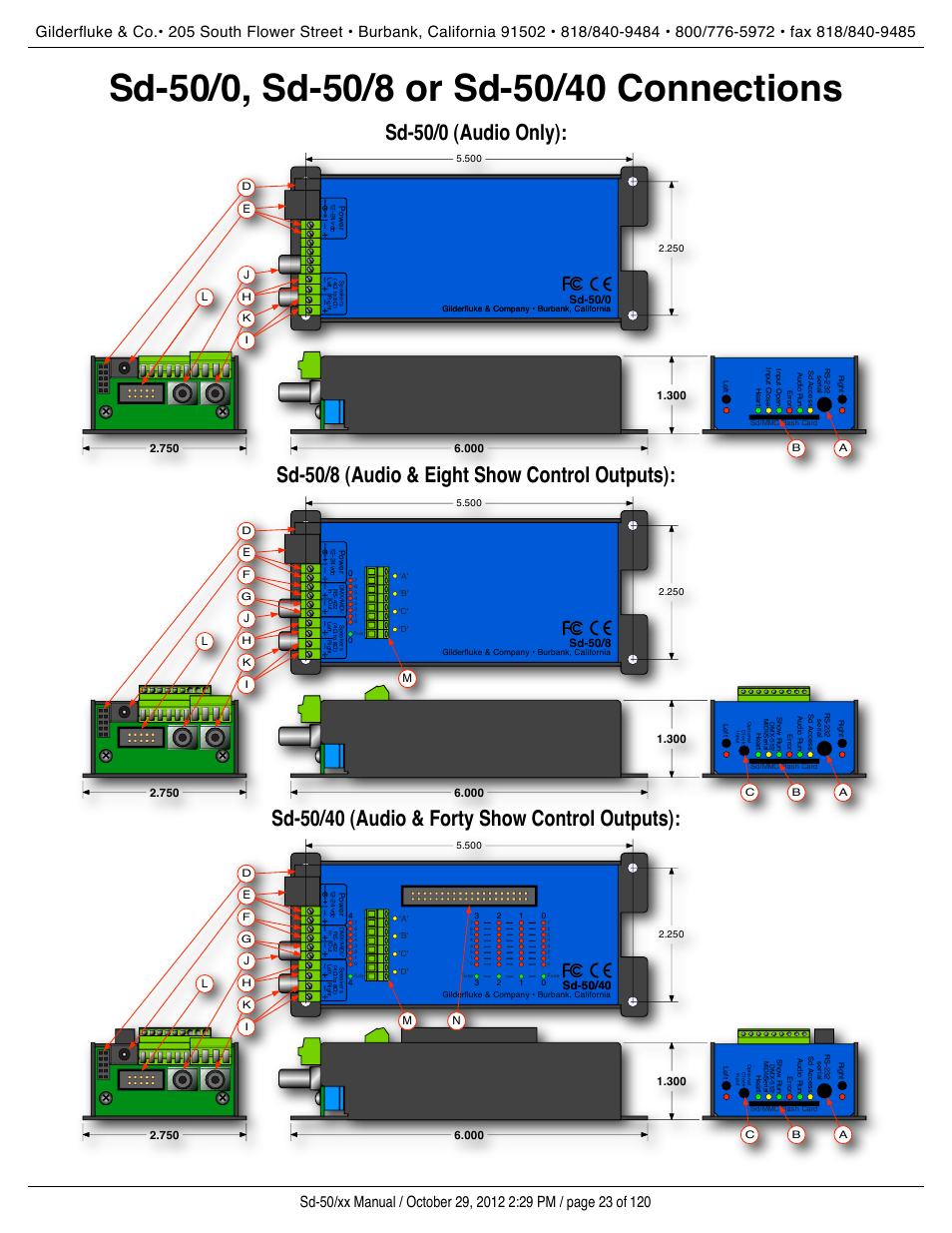 Sd-50/0, sd-50/8 or sd-50/40 connections, Sd-50/0 (audio only), Sd-50/8 (audio & eight show control outputs) | Sd-50/40 (audio & forty show control outputs), Sd-50/0, Sd-50/8, Sd-50/40, Nm e | Gilderfluke&Co Sd-50 Audio & Show Controllers User Manual | Page 23 / 120