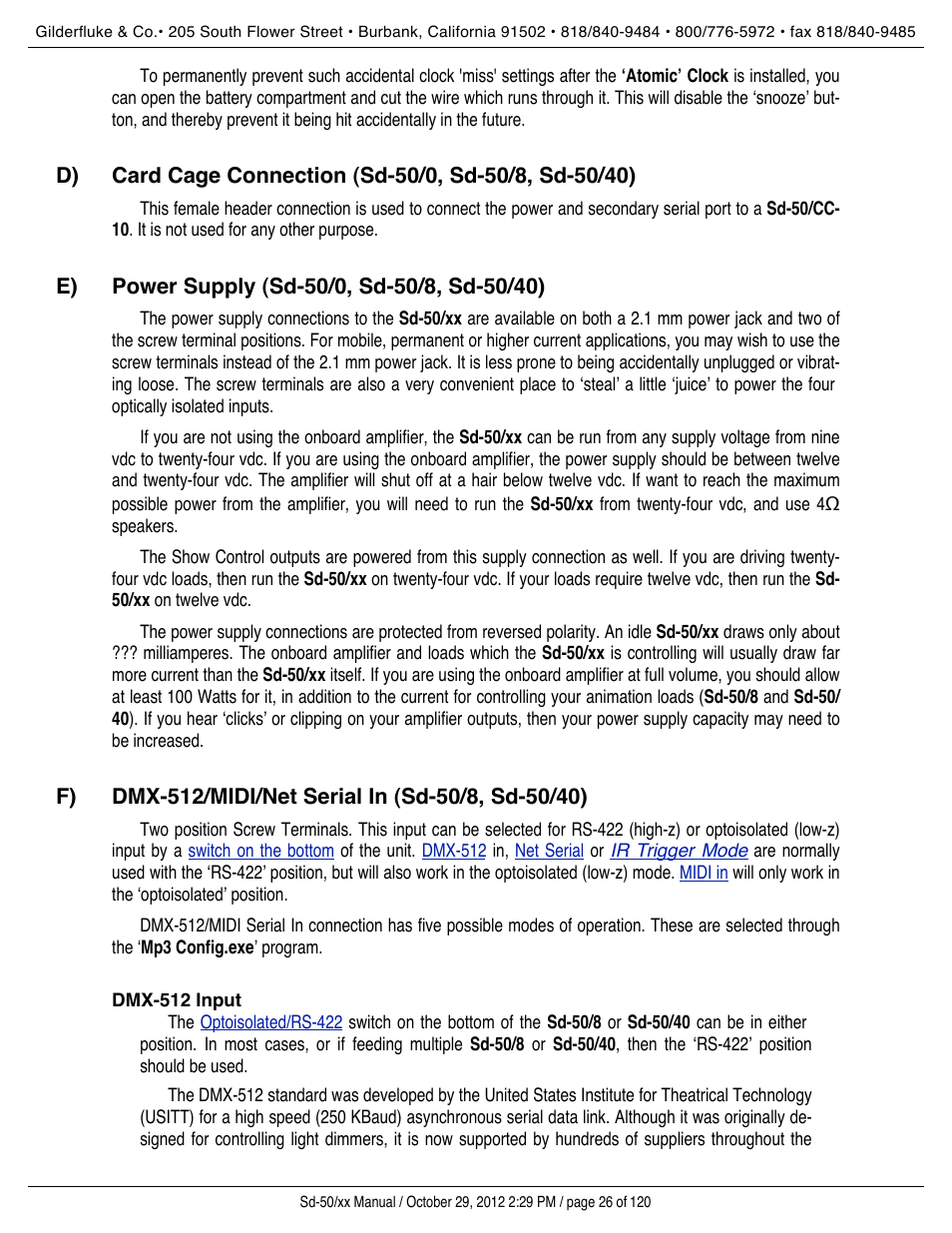 Dmx-512, Card cage connection (sd-50/0, sd-50/8, sd-50/40), Power supply (sd-50/0, sd-50/8, sd-50/40) | Dmx-512/midi/net serial in (sd-50/8, sd-50/40), Dmx-512 input, Power supplies | Gilderfluke&Co Sd-50 Audio & Show Controllers User Manual | Page 26 / 120