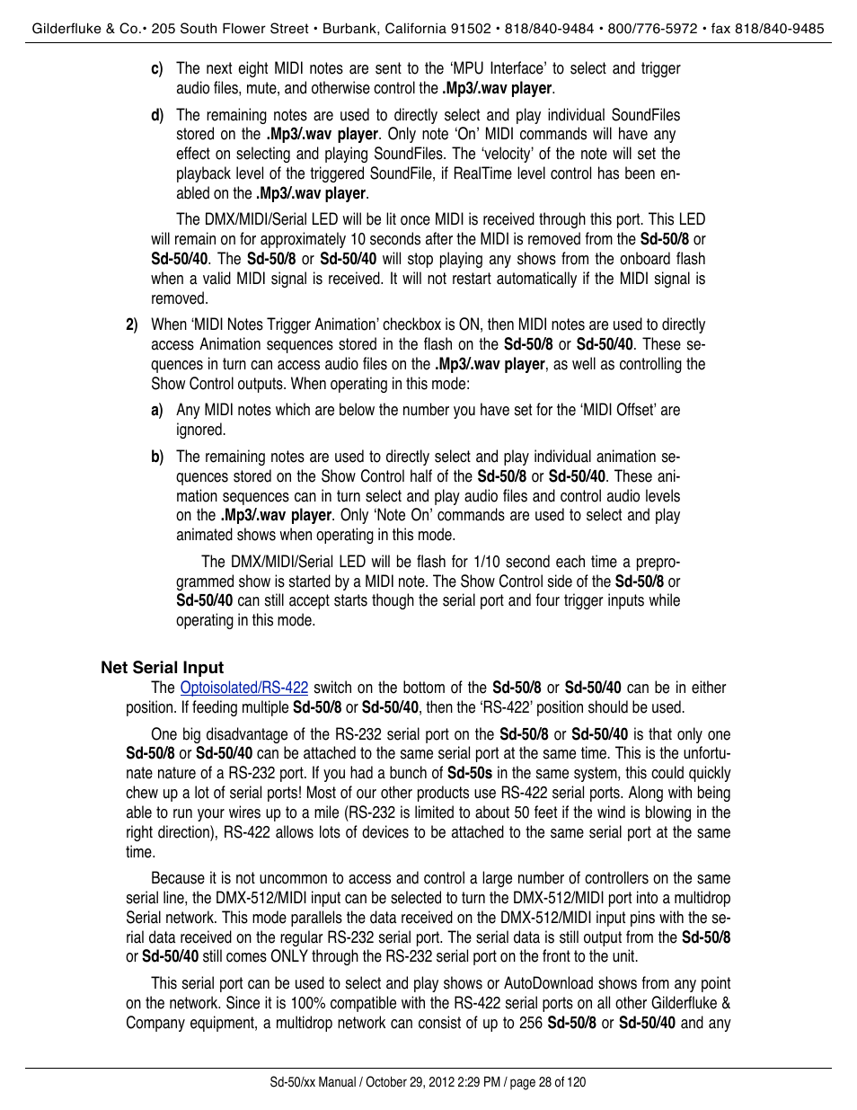 Net serial, Net serial input, Net serial’ rs-422 port | Rs-422 | Gilderfluke&Co Sd-50 Audio & Show Controllers User Manual | Page 28 / 120