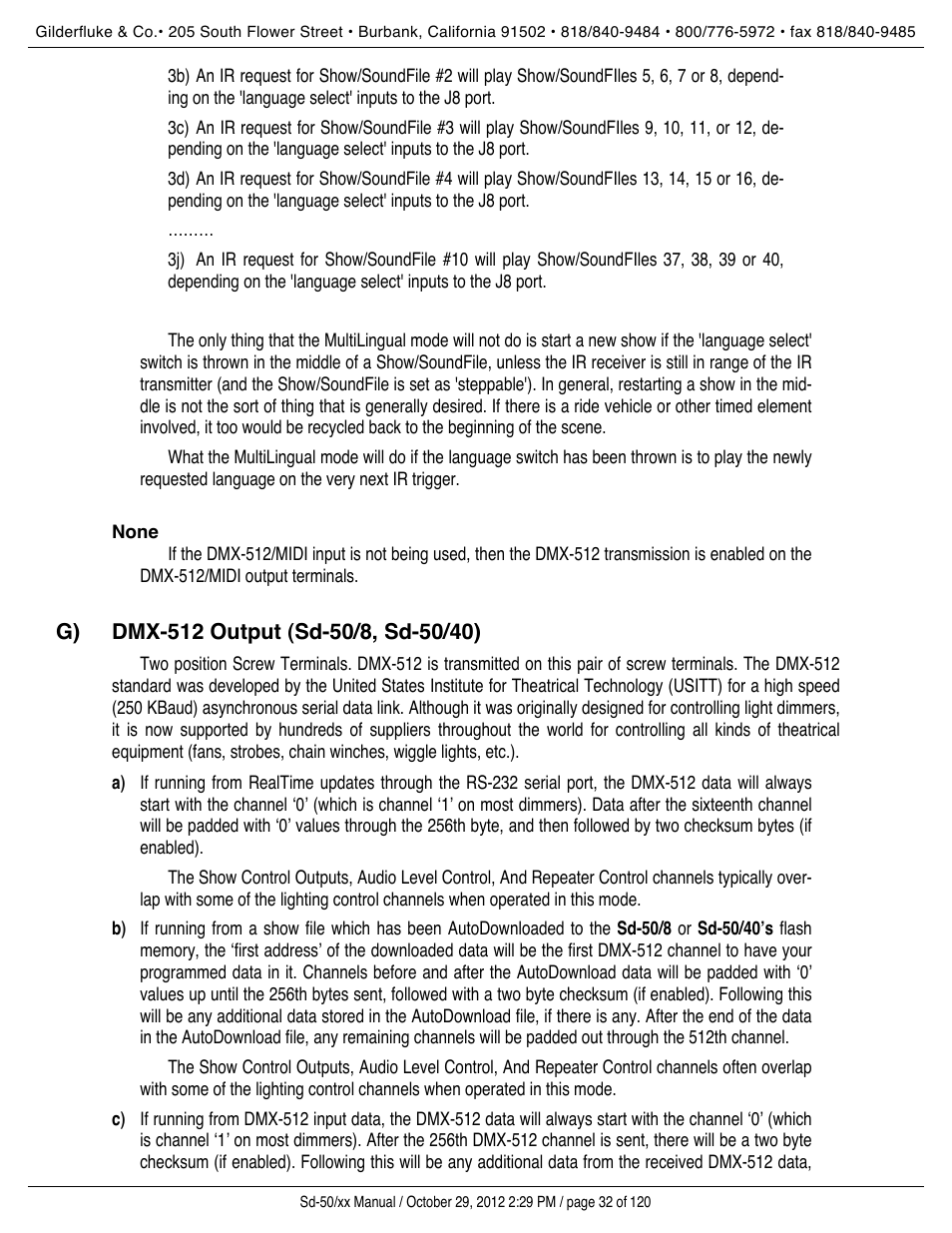 Dmx-512 output, None, Dmx-512 output (sd-50/8, sd-50/40) | Gilderfluke&Co Sd-50 Audio & Show Controllers User Manual | Page 32 / 120