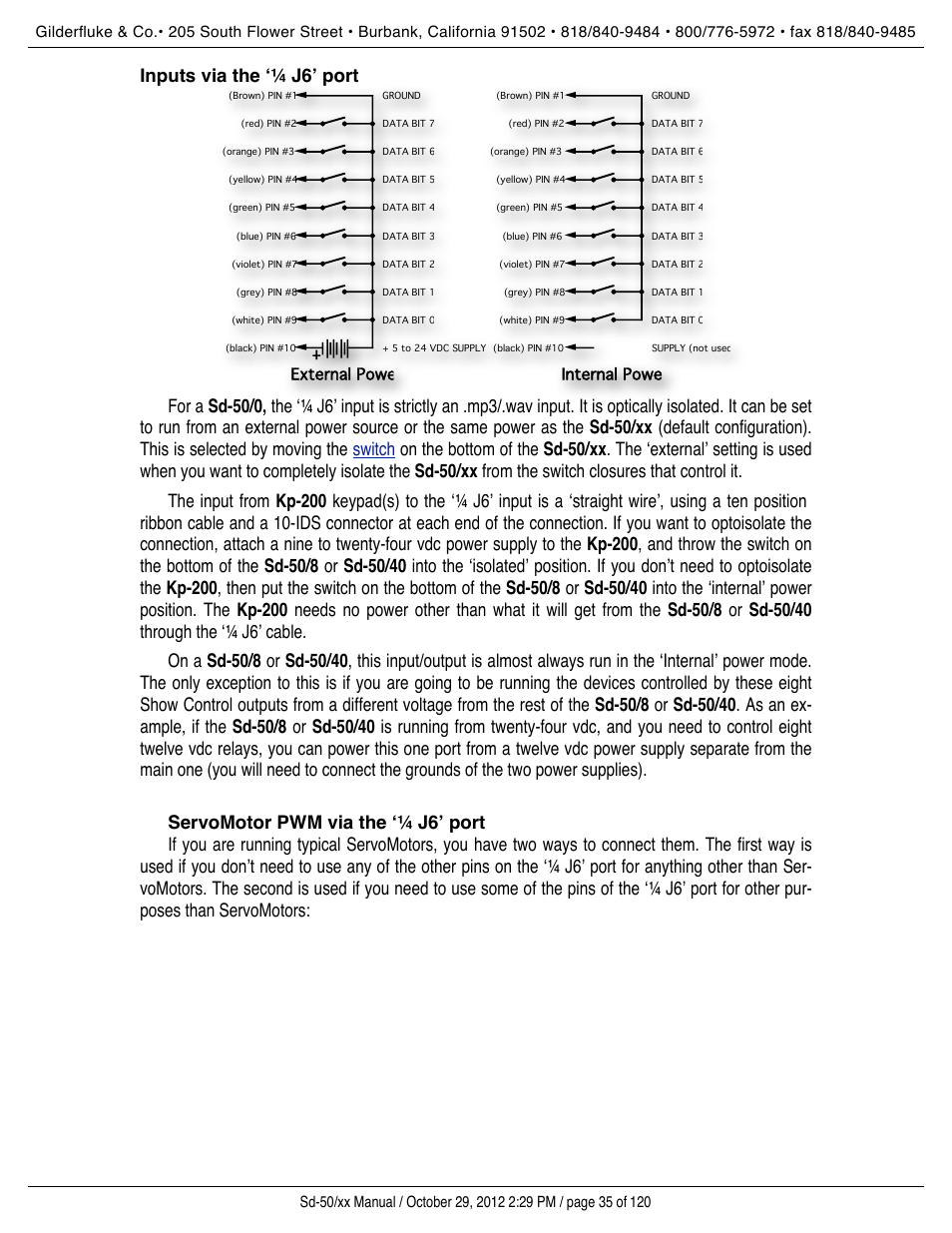 Inputs via the ‘" j6’ port, Servomotor pwm via the ‘" j6’ port, Pwm servomotor outputs | Servomotor pwm, Outputs, Inputs via the ʻ¼ j6ʼ port | Gilderfluke&Co Sd-50 Audio & Show Controllers User Manual | Page 35 / 120