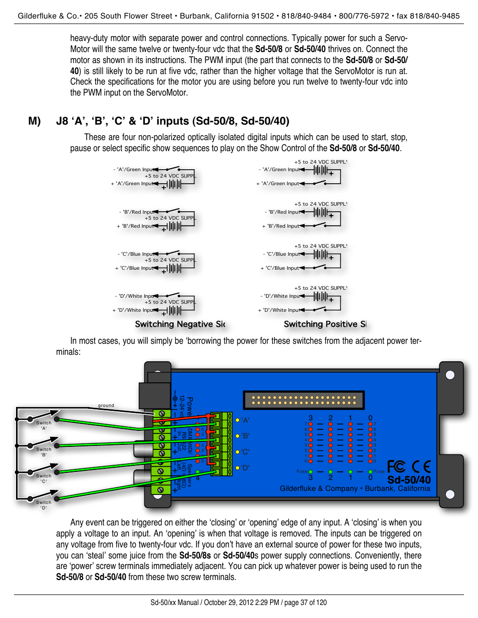 J8 ʻaʼ, ʻbʼ, ʻcʼ & ʻdʼ inputs (sd-50/8, sd-50/40), J8’ inputs, Sd-50/40 | Gilderfluke&Co Sd-50 Audio & Show Controllers User Manual | Page 37 / 120