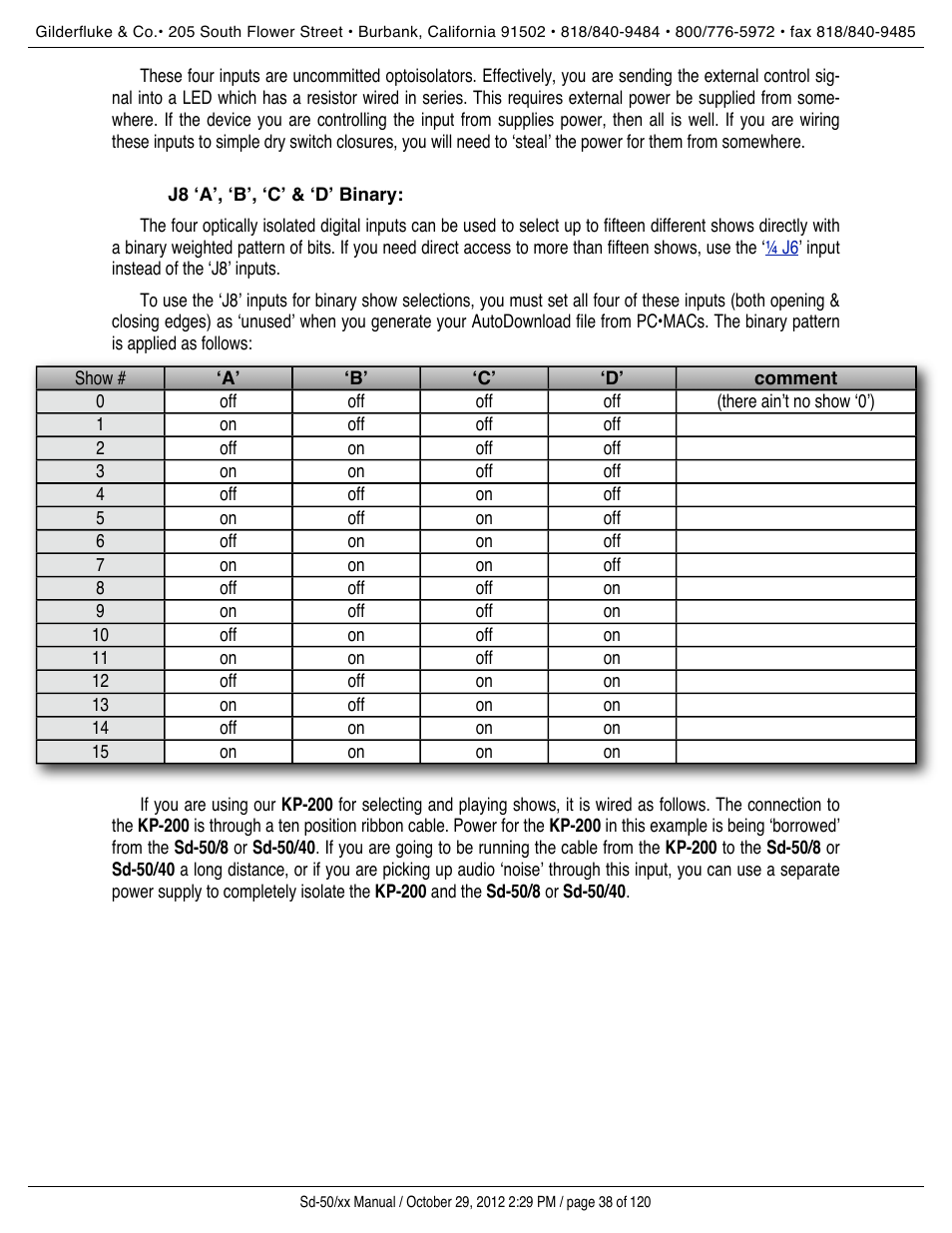 J8 ‘a’, ‘b’, ‘c’ & ‘d’ binary | Gilderfluke&Co Sd-50 Audio & Show Controllers User Manual | Page 38 / 120