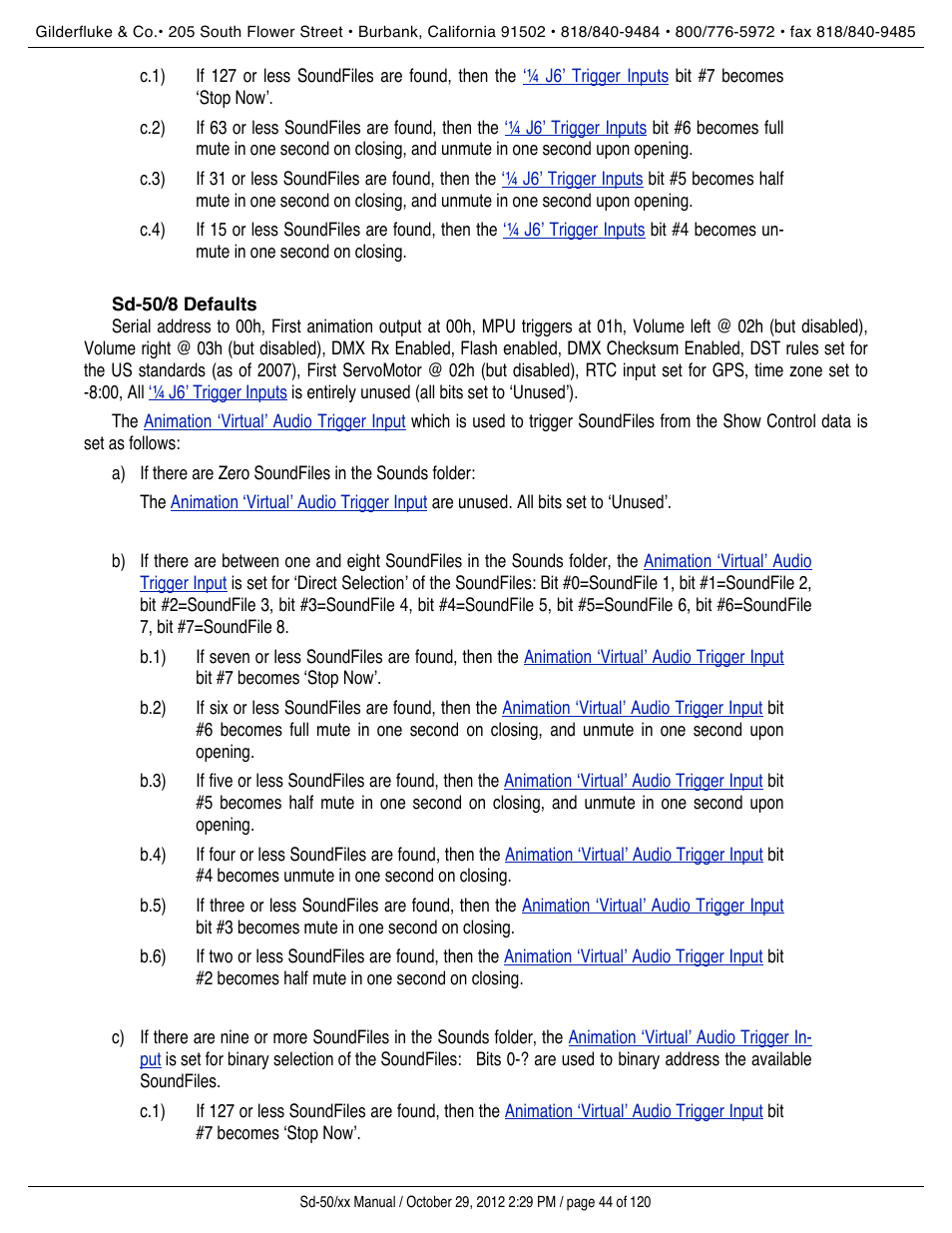 Sd-50/8 defaults | Gilderfluke&Co Sd-50 Audio & Show Controllers User Manual | Page 44 / 120