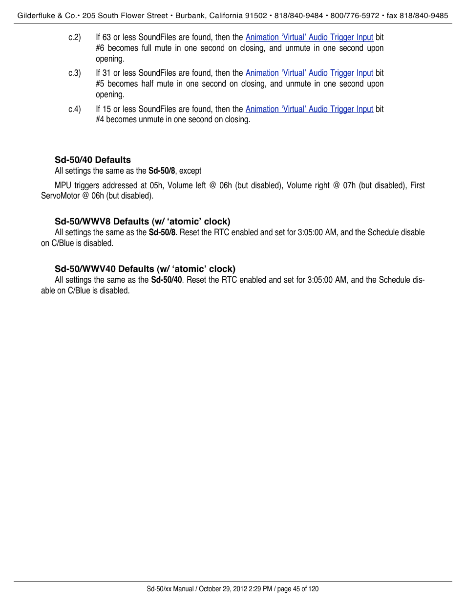 Sd-50/40 defaults, Sd-50/wwv8 defaults (w/ ‘atomic’ clock), Sd-50/wwv40 defaults (w/ ‘atomic’ clock) | Gilderfluke&Co Sd-50 Audio & Show Controllers User Manual | Page 45 / 120