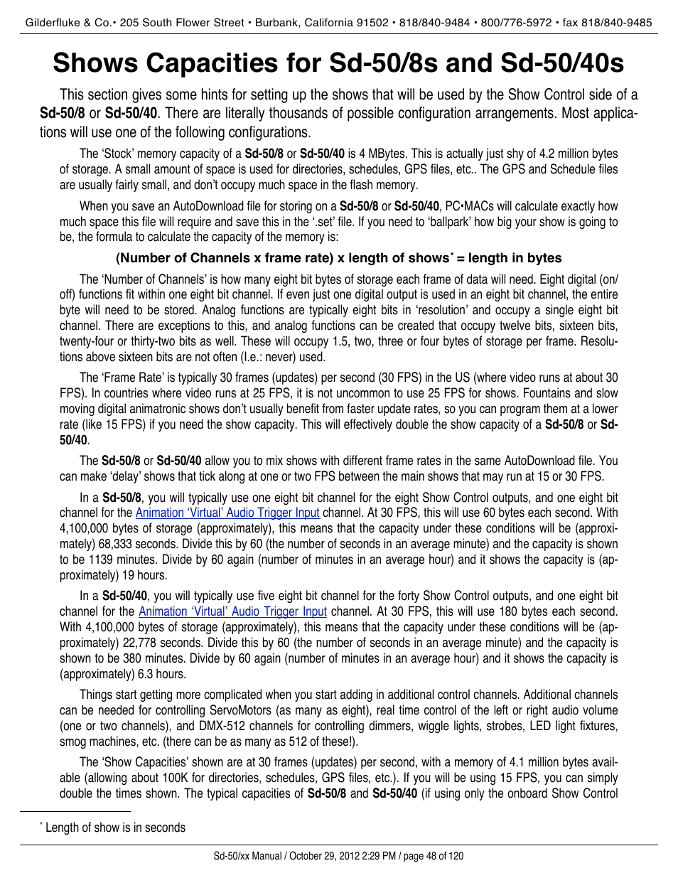 Shows capacities for sd-50/8s and sd-50/40s, Show control memory | Gilderfluke&Co Sd-50 Audio & Show Controllers User Manual | Page 48 / 120