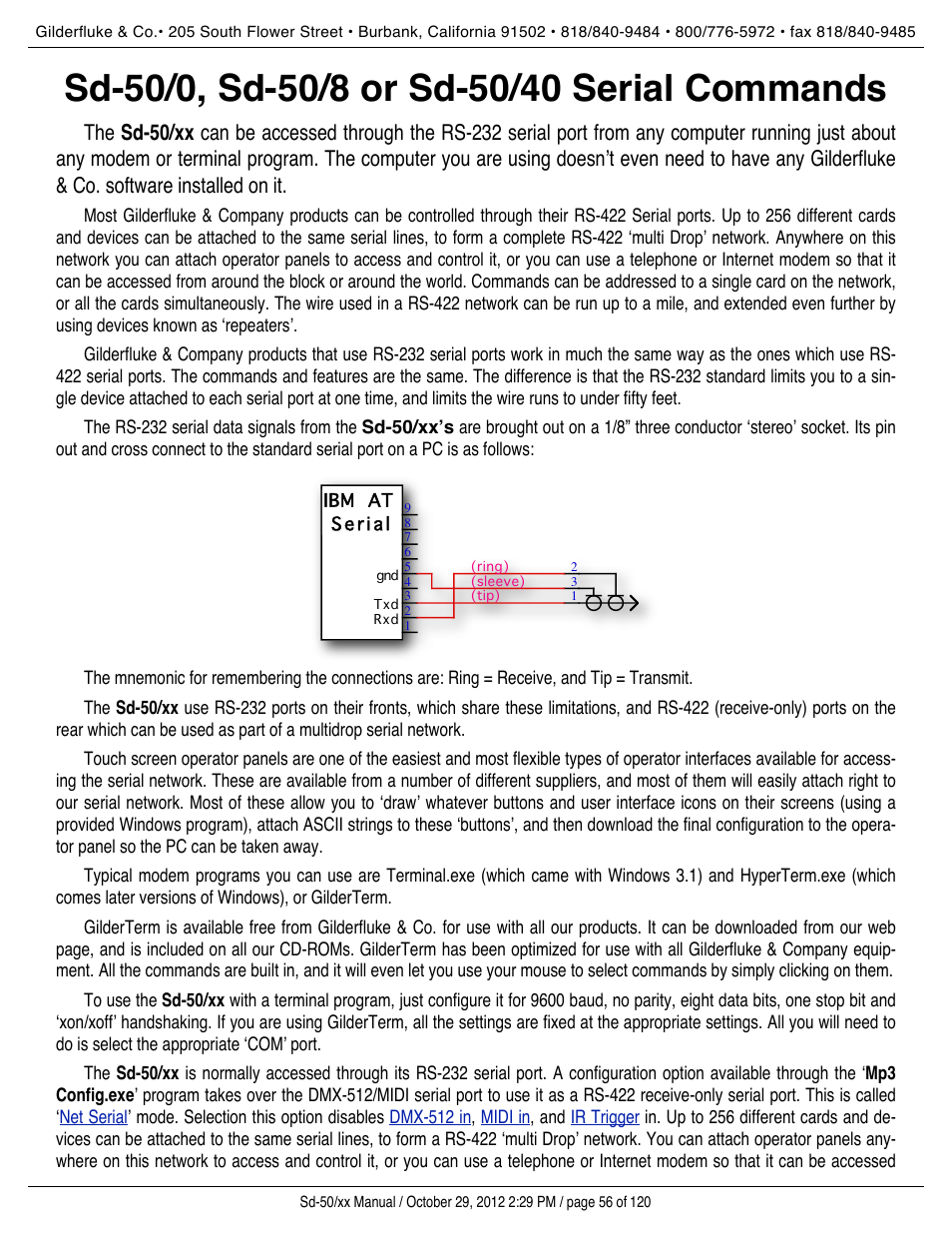 Sd-50/0, sd-50/8 or sd-50/40 serial commands | Gilderfluke&Co Sd-50 Audio & Show Controllers User Manual | Page 56 / 120