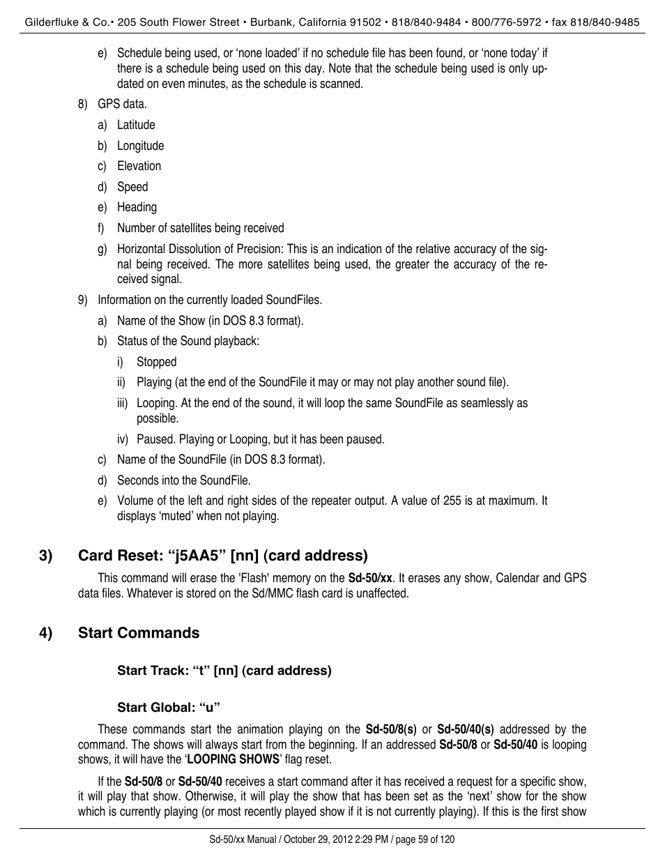 Card reset: “j5aa5” [nn] (card address), Start commands, Start track: “t” [nn] (card address) | Start global: “u | Gilderfluke&Co Sd-50 Audio & Show Controllers User Manual | Page 59 / 120
