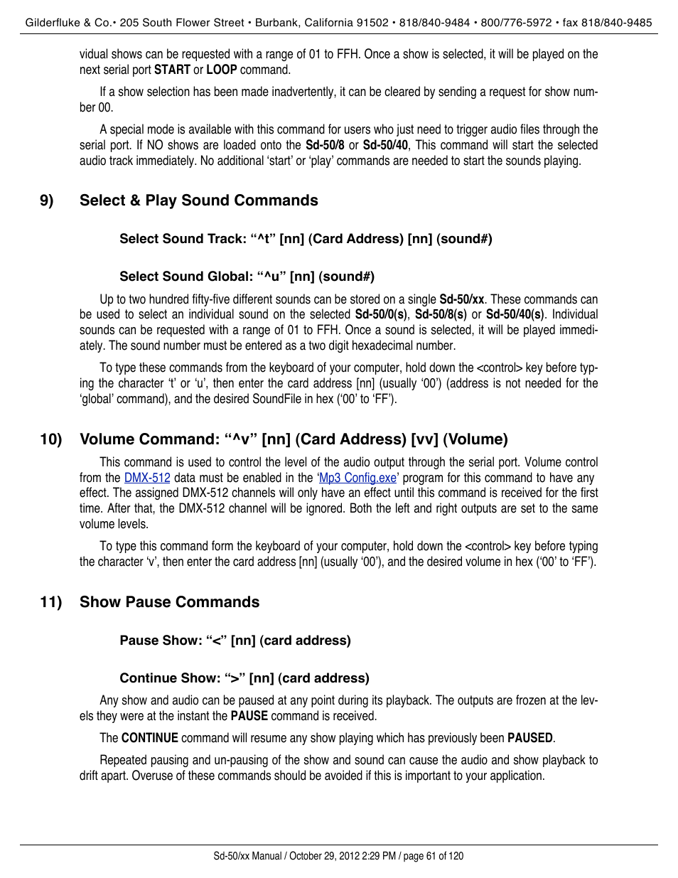 Select & play sound commands, Select sound global: “^u” [nn] (sound#), Show pause commands | Pause show: “<” [nn] (card address), Continue show: “>” [nn] (card address) | Gilderfluke&Co Sd-50 Audio & Show Controllers User Manual | Page 61 / 120