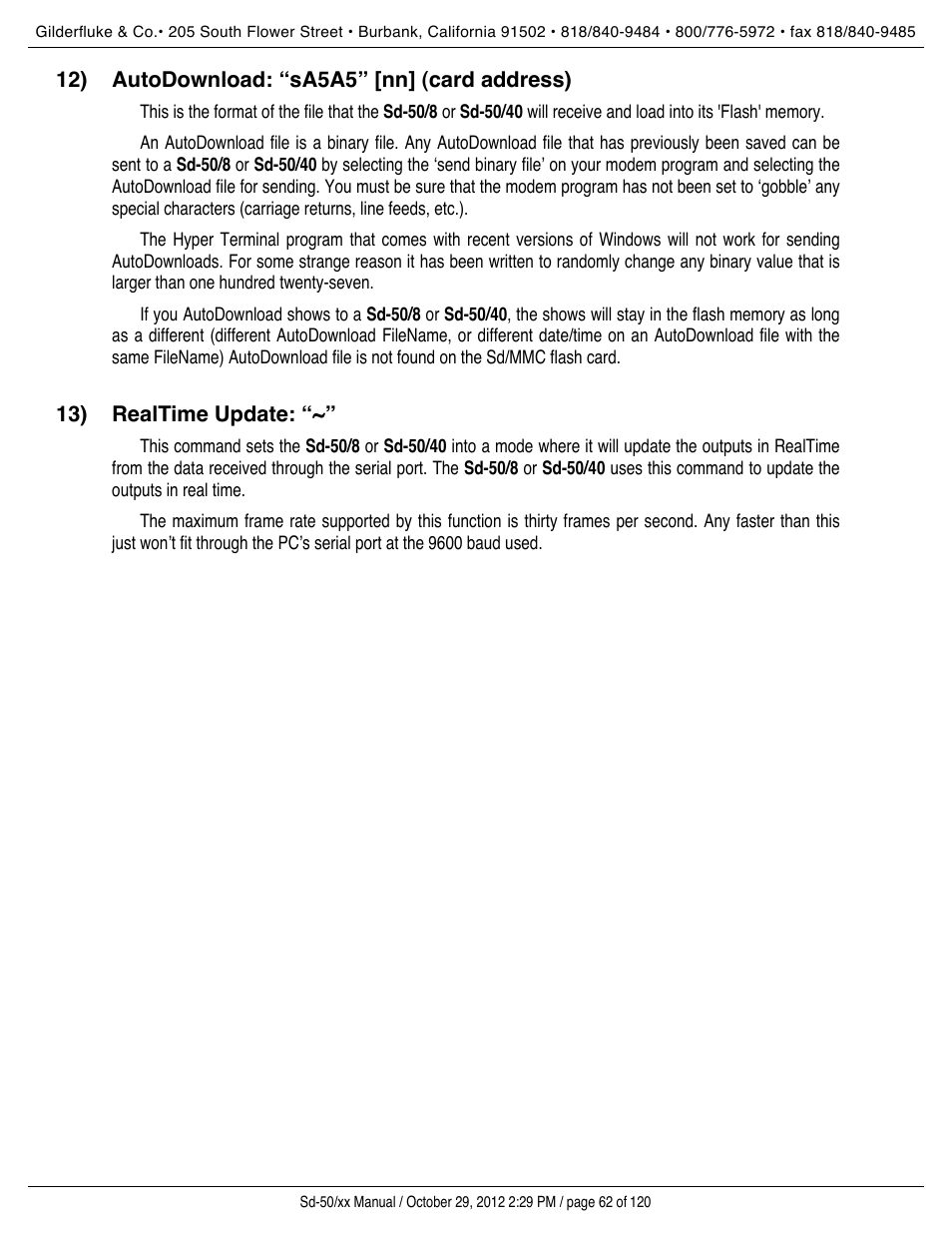Autodownload: “sa5a5” [nn] (card address), Realtime update | Gilderfluke&Co Sd-50 Audio & Show Controllers User Manual | Page 62 / 120