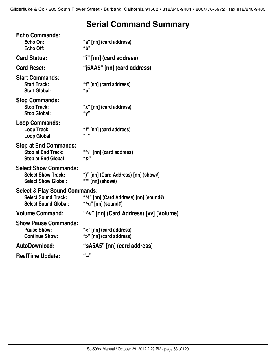 Serial command summary | Gilderfluke&Co Sd-50 Audio & Show Controllers User Manual | Page 63 / 120