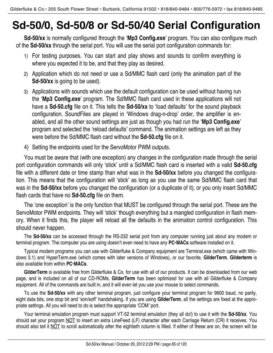 Sd-50/0, sd-50/8 or sd-50/40 serial configuration | Gilderfluke&Co Sd-50 Audio & Show Controllers User Manual | Page 65 / 120