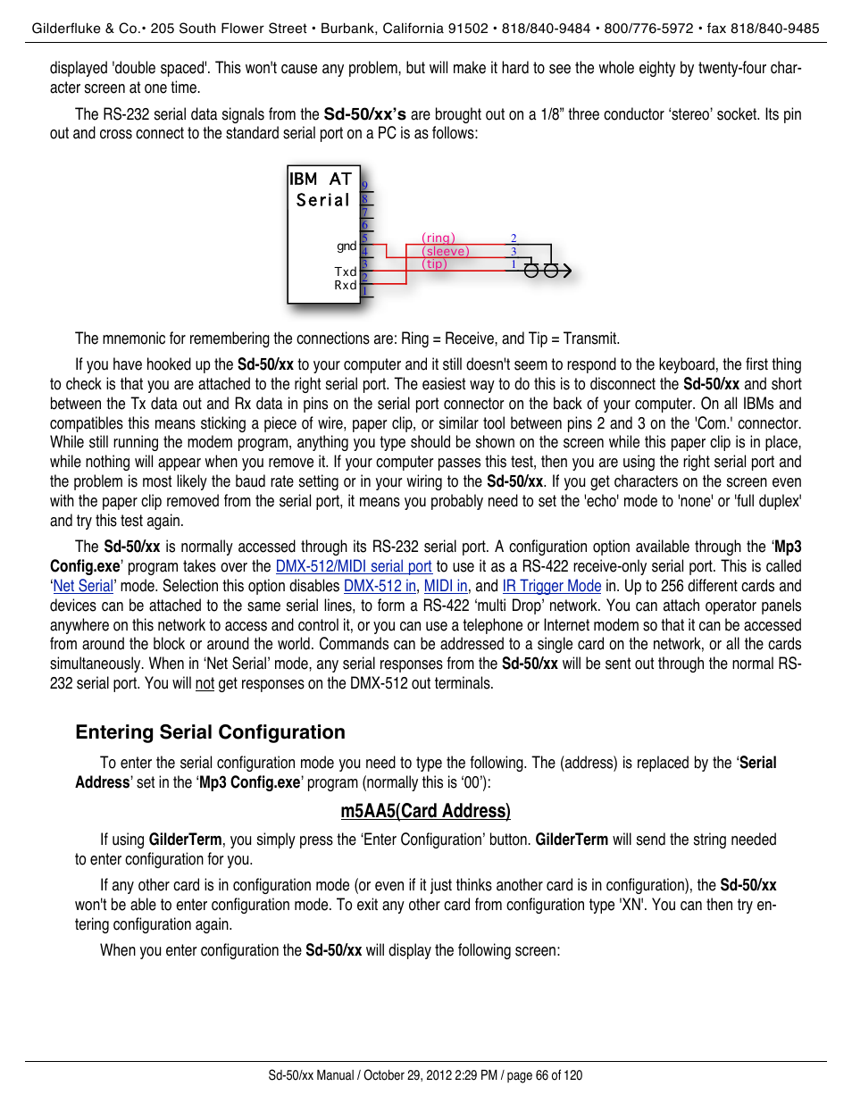Entering serial configuration, M5aa5(card address) | Gilderfluke&Co Sd-50 Audio & Show Controllers User Manual | Page 66 / 120