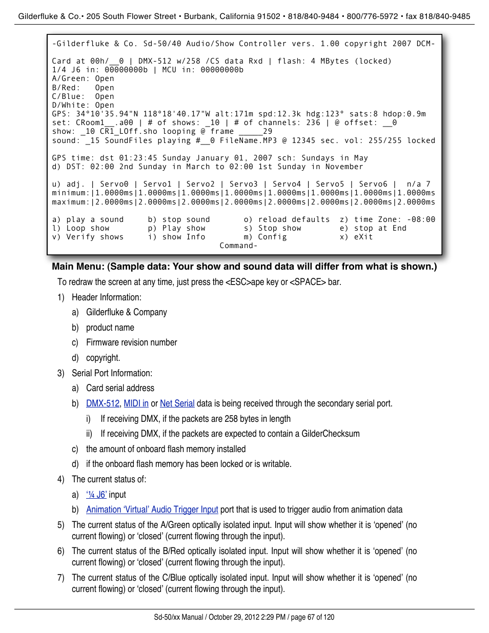 Menus, Serial menus, Main menu | Gilderfluke&Co Sd-50 Audio & Show Controllers User Manual | Page 67 / 120