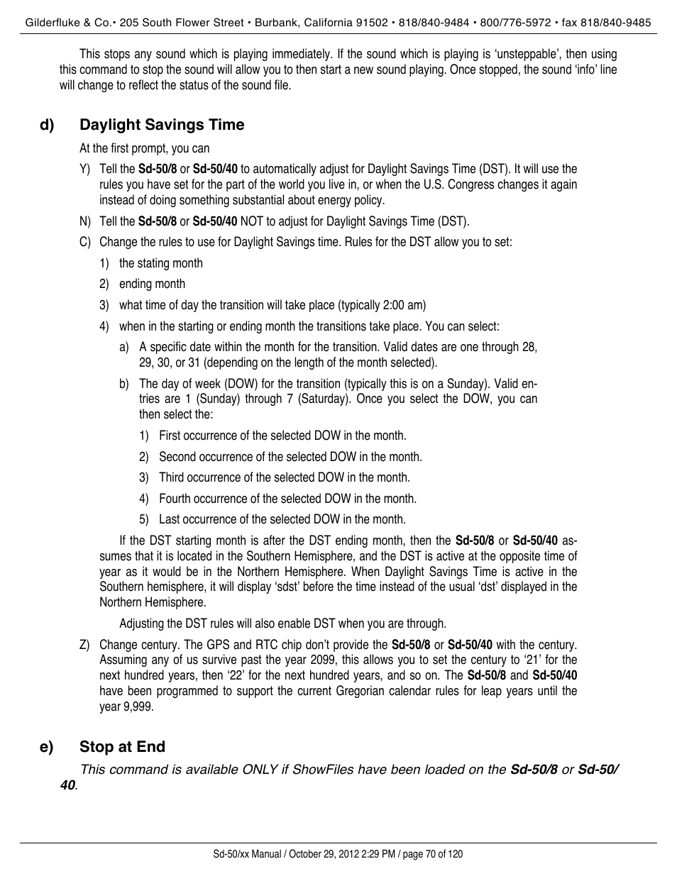 Daylight savings time, Stop at end | Gilderfluke&Co Sd-50 Audio & Show Controllers User Manual | Page 70 / 120