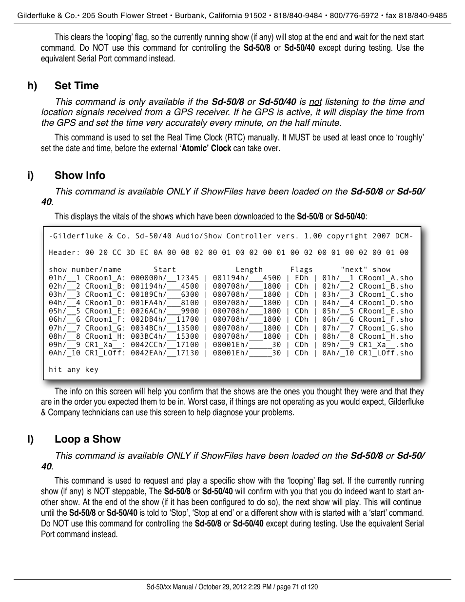Set time, Show info, Loop a show | H) ! set time, I) ! show info, L) ! loop a show | Gilderfluke&Co Sd-50 Audio & Show Controllers User Manual | Page 71 / 120