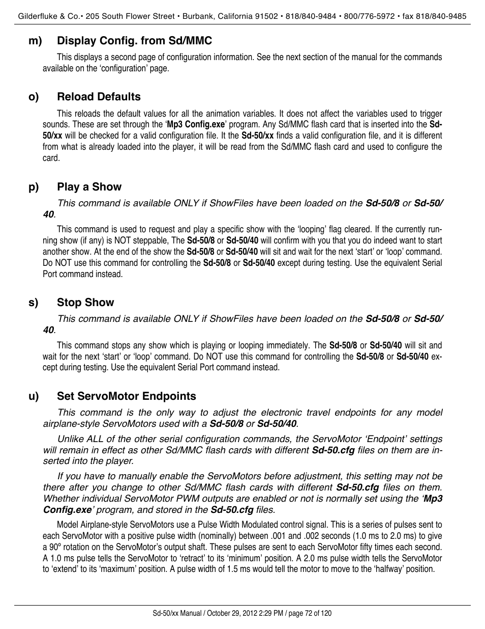 Display config. from sd/mmc, Reload defaults, Play a show | Stop show, Set servomotor endpoints | Gilderfluke&Co Sd-50 Audio & Show Controllers User Manual | Page 72 / 120