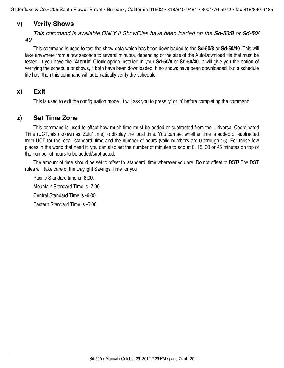 Verify shows, Exit, Set time zone | Gilderfluke&Co Sd-50 Audio & Show Controllers User Manual | Page 74 / 120