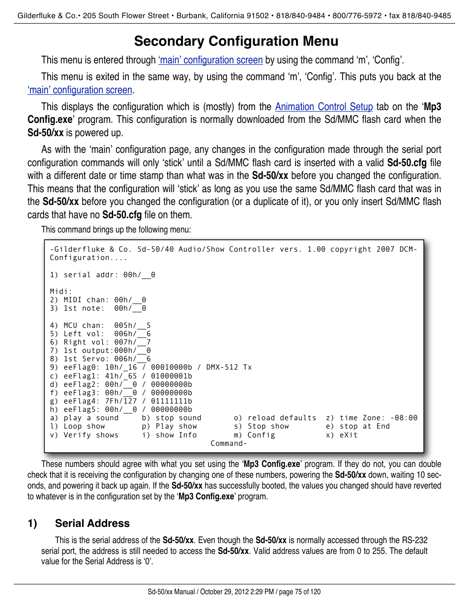 Secondary configuration menu, Serial address | Gilderfluke&Co Sd-50 Audio & Show Controllers User Manual | Page 75 / 120