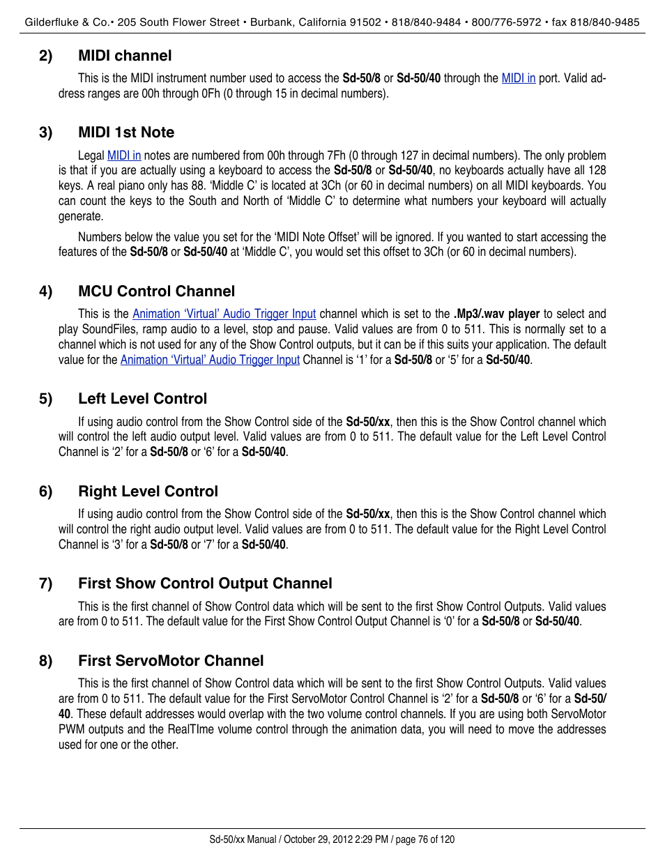 Midi channel, Midi 1st note, Mcu control channel | Left level control, Right level control, First show control output channel, First servomotor channel | Gilderfluke&Co Sd-50 Audio & Show Controllers User Manual | Page 76 / 120