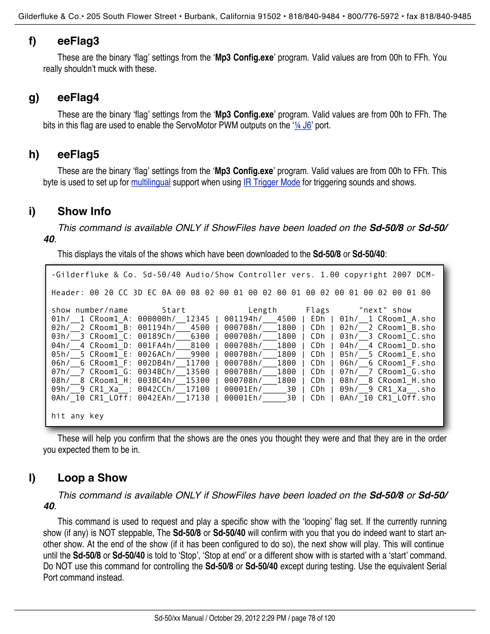 Eeflag3, Eeflag4, Eeflag5 | Show info, Loop a show | Gilderfluke&Co Sd-50 Audio & Show Controllers User Manual | Page 78 / 120