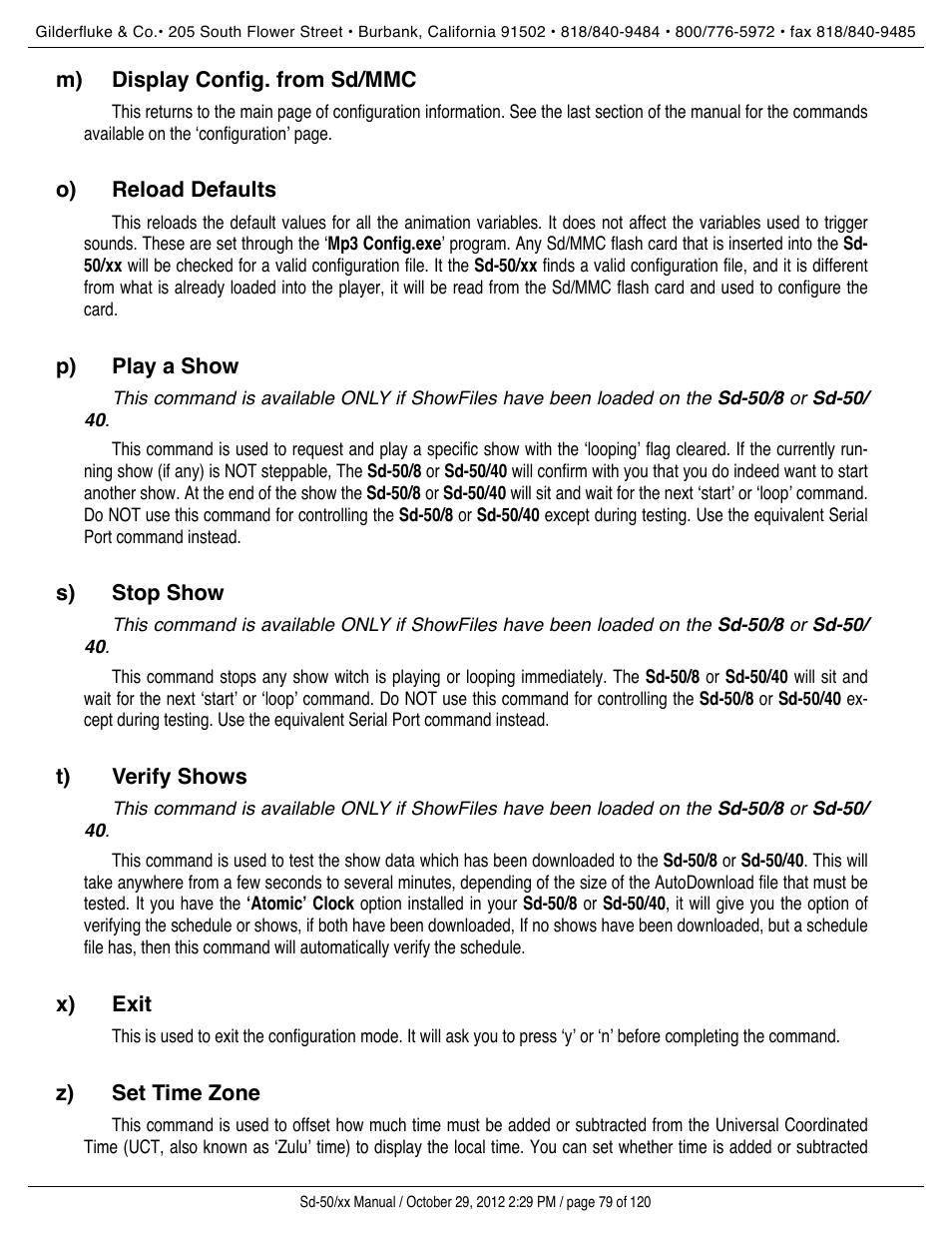 Display config. from sd/mmc, Reload defaults, Play a show | Stop show, Verify shows, Exit, Set time zone | Gilderfluke&Co Sd-50 Audio & Show Controllers User Manual | Page 79 / 120