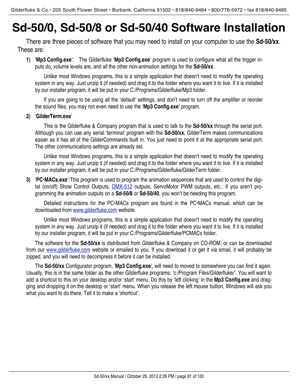 Sd-50/0, sd-50/8 or sd-50/40 software installation | Gilderfluke&Co Sd-50 Audio & Show Controllers User Manual | Page 81 / 120