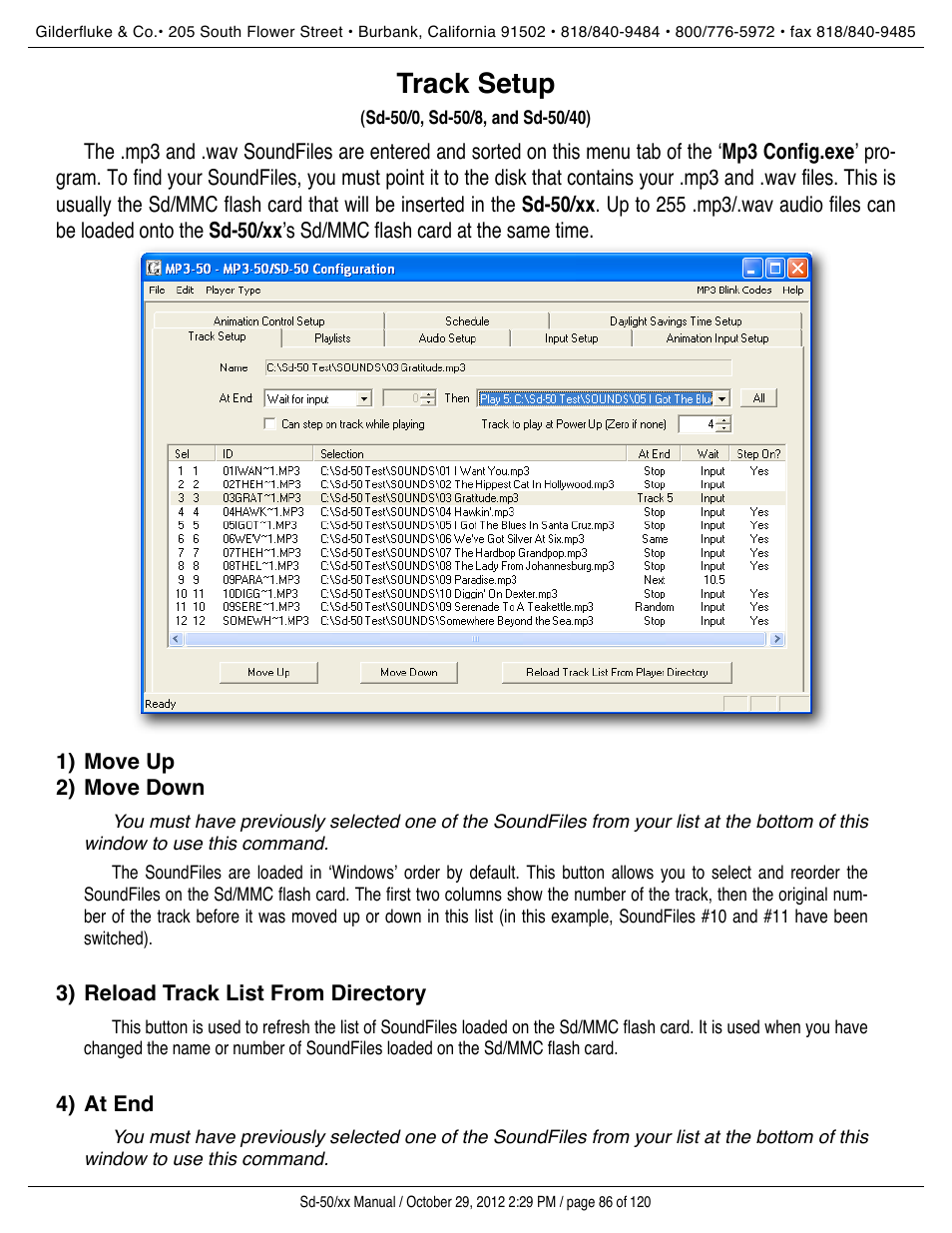 Track setup, Move up, Move down | Reload track list from directory, At end, Reload track list from player directory, Nothing at end | Gilderfluke&Co Sd-50 Audio & Show Controllers User Manual | Page 86 / 120