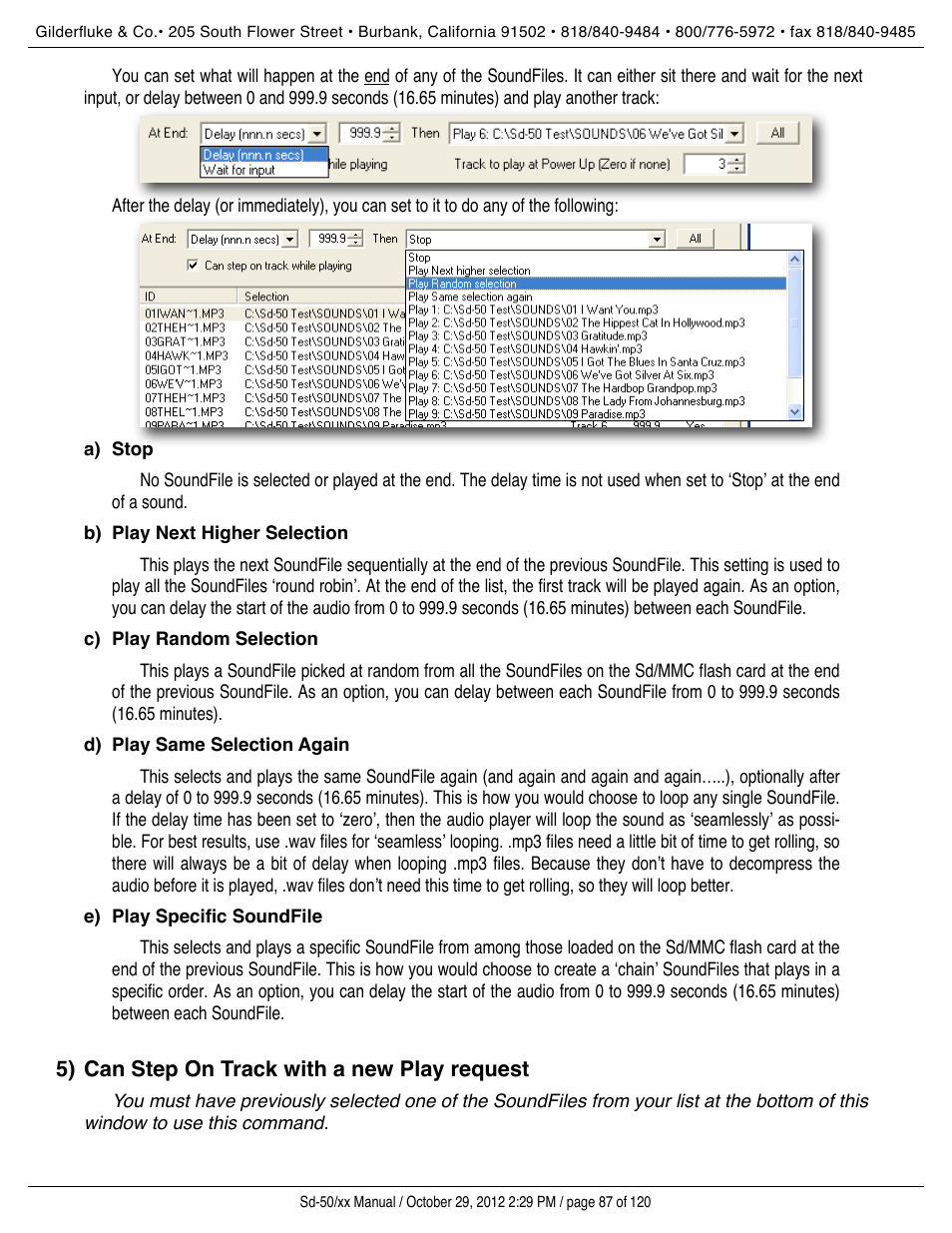 Stop, Play next higher selection, Play random selection | Play same selection again, Play specific soundfile, Can step on track with a new play request | Gilderfluke&Co Sd-50 Audio & Show Controllers User Manual | Page 87 / 120