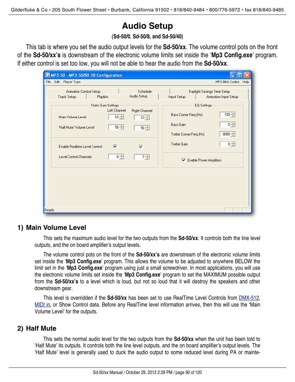 Audio setup, Main volume level, Half mute | Software’ volume, Volume level, Volume to defaults | Gilderfluke&Co Sd-50 Audio & Show Controllers User Manual | Page 90 / 120