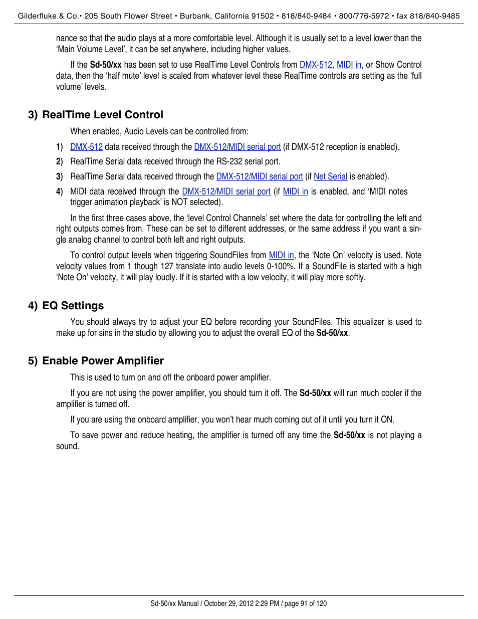 Realtime level control, Eq settings, Enable power amplifier | Enable power amplifier), Assigned, Amplifier enabled | Gilderfluke&Co Sd-50 Audio & Show Controllers User Manual | Page 91 / 120