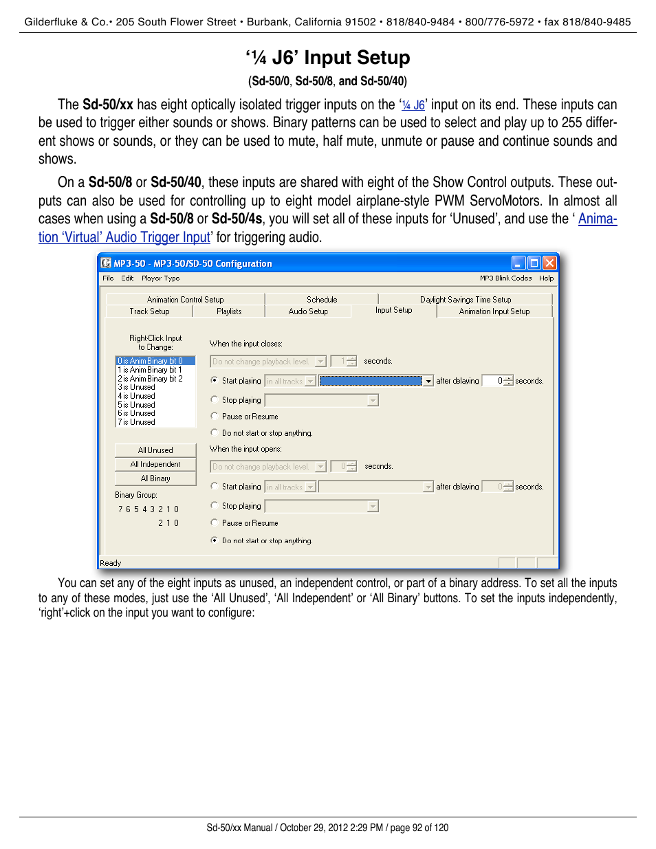 J6’ input setup, Inputs, Input setup | ʻ¼ j6ʼ input setup | Gilderfluke&Co Sd-50 Audio & Show Controllers User Manual | Page 92 / 120