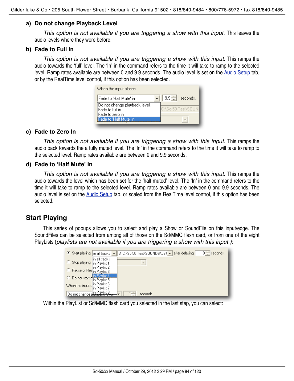 Do not change playback level, Fade to full in, Fade to zero in | Fade to ‘half mute’ in, Start playing | Gilderfluke&Co Sd-50 Audio & Show Controllers User Manual | Page 94 / 120