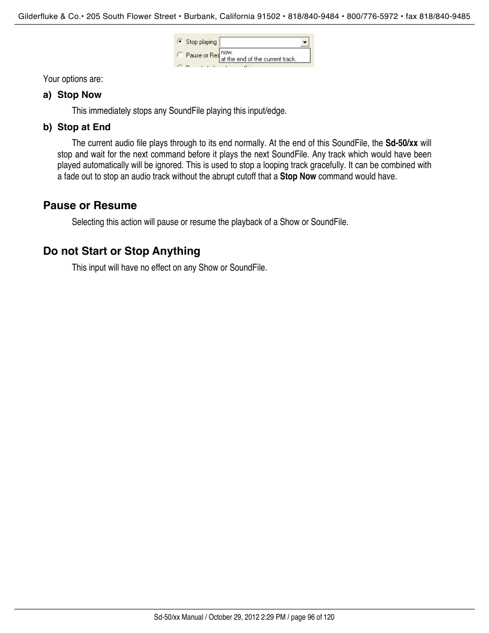 Stop now, Stop at end, Pause or resume | Do not start or stop anything | Gilderfluke&Co Sd-50 Audio & Show Controllers User Manual | Page 96 / 120