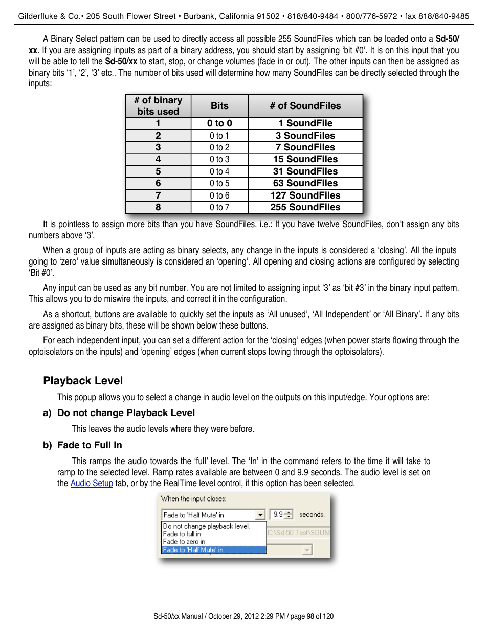 Playback level, Do not change playback level, Fade to full in | Ramp levels | Gilderfluke&Co Sd-50 Audio & Show Controllers User Manual | Page 98 / 120