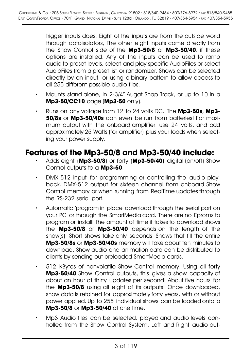 3 of 119 | Gilderfluke&Co Mp3-50 Audio & Show Controllers User Manual | Page 11 / 127
