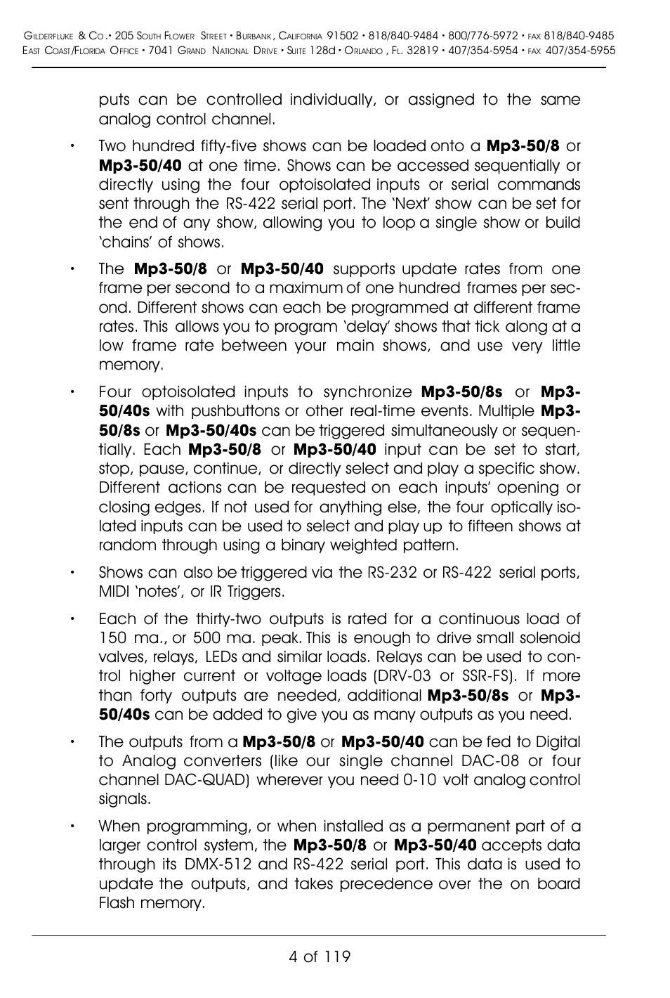 4 of 119 | Gilderfluke&Co Mp3-50 Audio & Show Controllers User Manual | Page 12 / 127