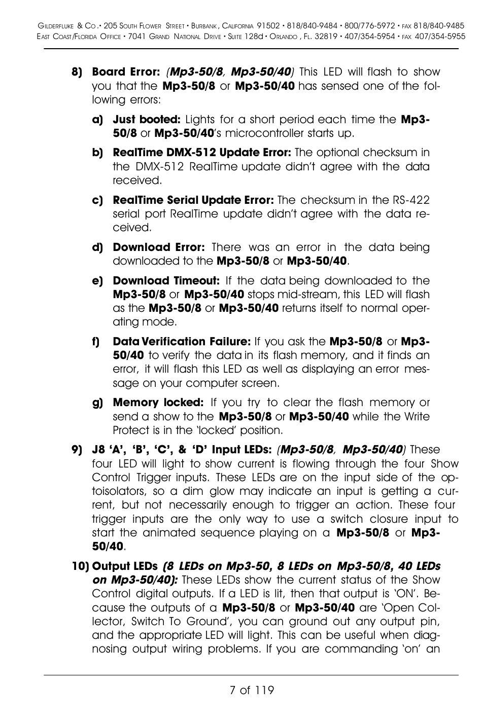 8) board error, 7 of 119 | Gilderfluke&Co Mp3-50 Audio & Show Controllers User Manual | Page 15 / 127