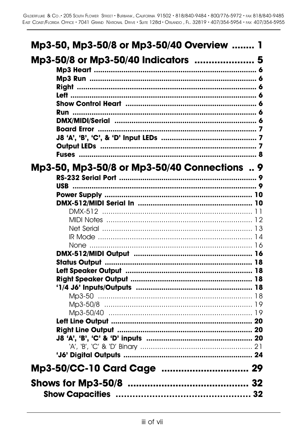 Show capacities, Iii of vii | Gilderfluke&Co Mp3-50 Audio & Show Controllers User Manual | Page 3 / 127