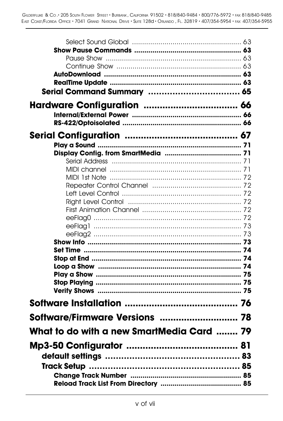 Hardware configuration, Serial configuration, Serial command summary | Default settings track setup, Internal/external power rs-422/optoisolated, V of vii | Gilderfluke&Co Mp3-50 Audio & Show Controllers User Manual | Page 5 / 127