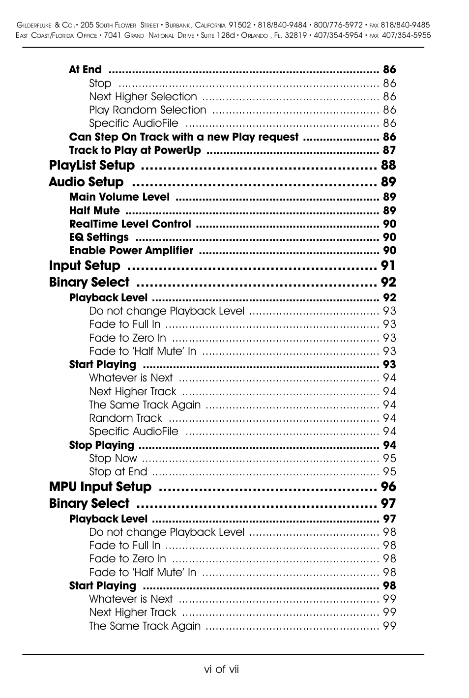 Playlist setup audio setup, Input setup binary select, Mpu input setup binary select | Vi of vii | Gilderfluke&Co Mp3-50 Audio & Show Controllers User Manual | Page 6 / 127