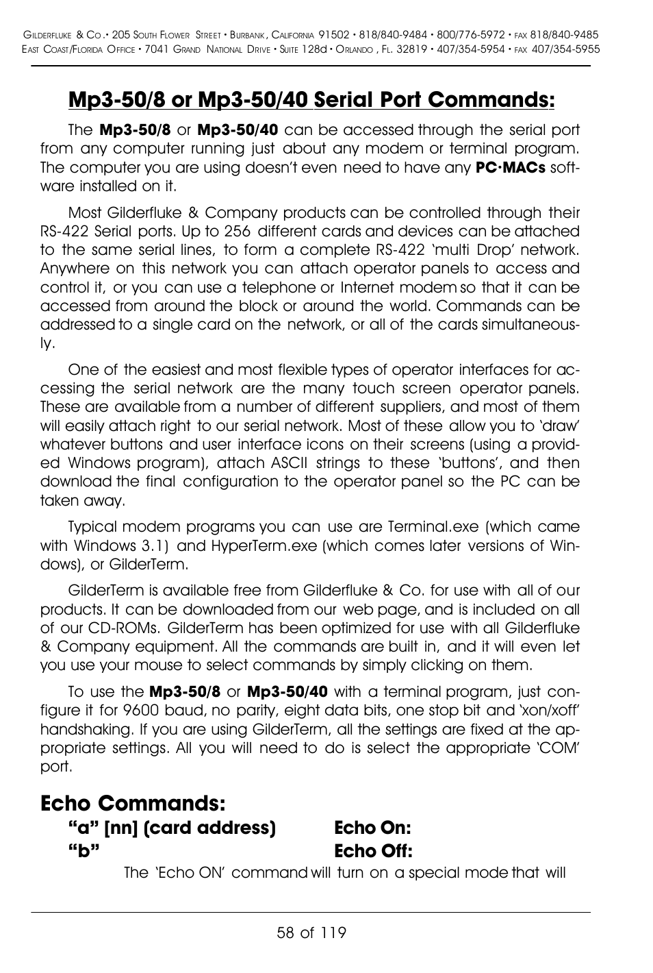 Echo commands, A” [nn] (card address) echo on: “b” echo off | Gilderfluke&Co Mp3-50 Audio & Show Controllers User Manual | Page 66 / 127